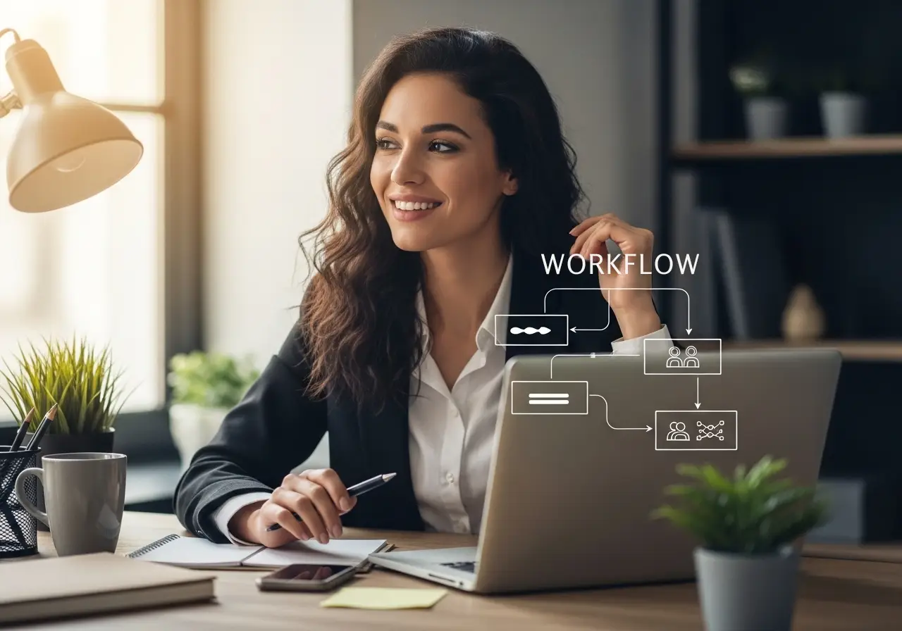 Zakenvrouw werkt aan bureau met laptop en grafische workflow illustratie.