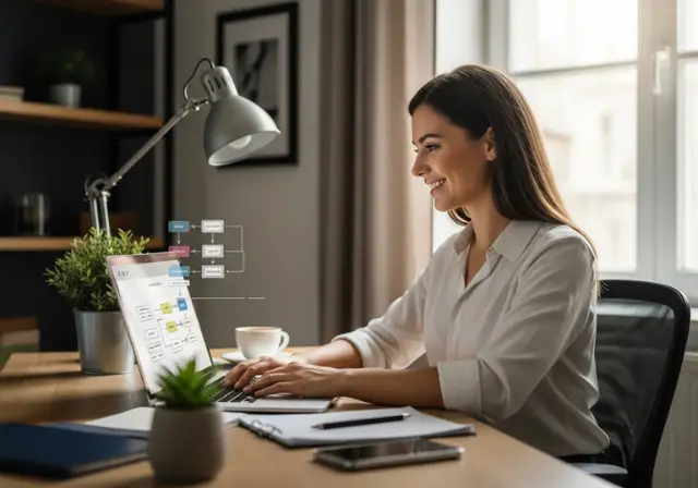 donkerblonde dame werkt glimlachend aan een flowchart op haar laptop in een modern thuiskantoor.